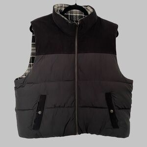 AE Mens Reversible Black White Plaid - Black Zip Up Mock Neck Puffy Vest-Sz-L